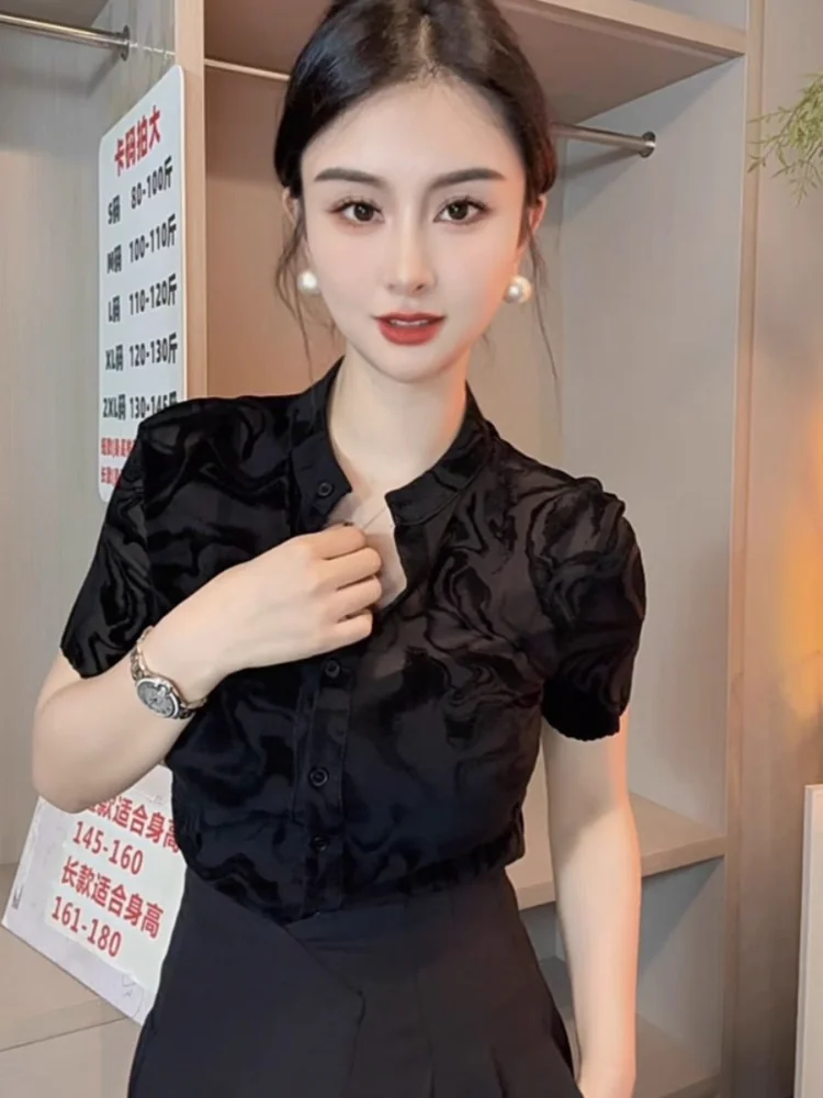 

Винтажные блузки для женщин: черные летние рубашки из тюля 2026, женские топы с воротником-стойкой и коротким рукавом, прозрачные сексуальные блузки