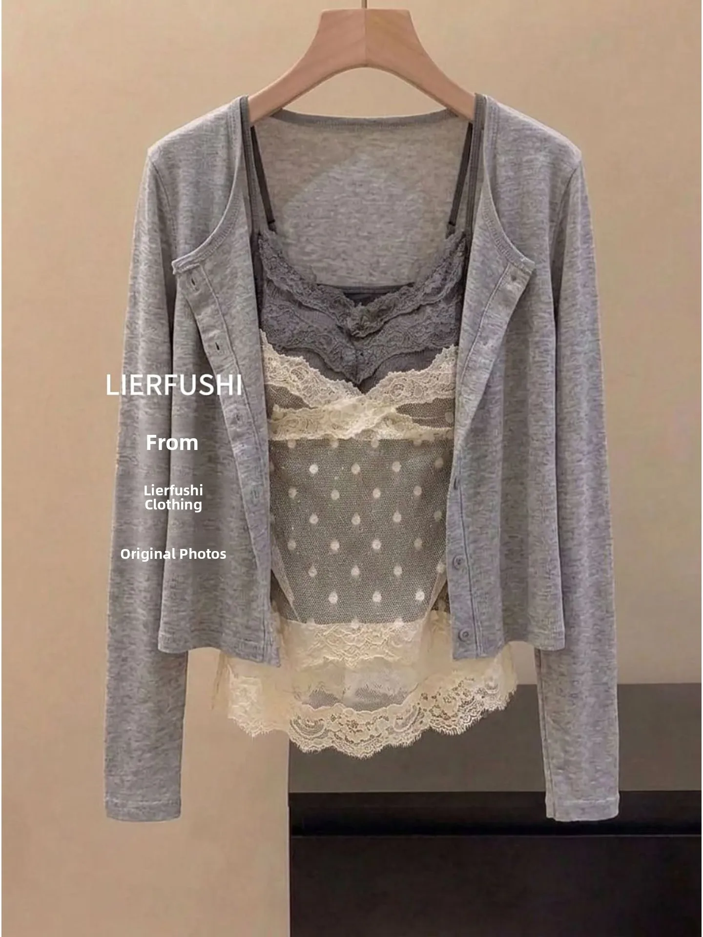 Dot Pattern Sexy See through Lace Knitted Cardigan with Chest Pad Two Piece Set Women's Autumn Top Ensemble Short Sleeve Long...