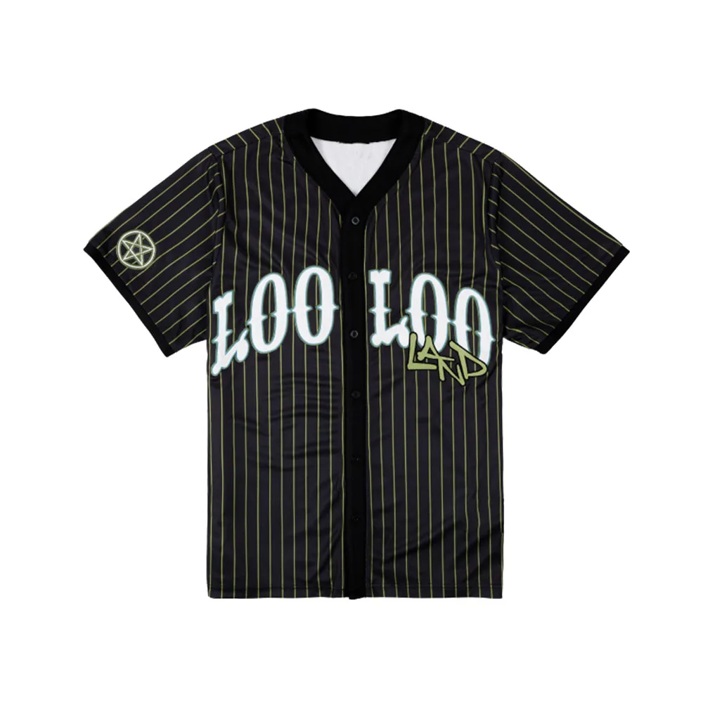 Loo Loo Land Park ROBOFIZZ BASEBALL JERSEY Helluva Boss Men Women Black Green Stripe Button‑Up Shirt Cartoon Print T-shirt Tops