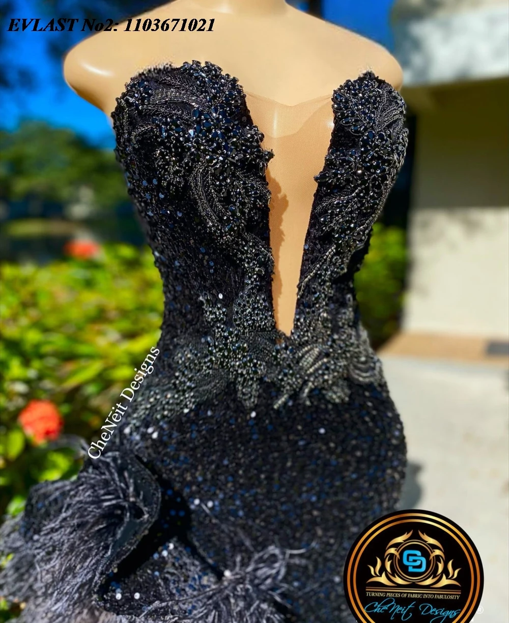 EVLAST Personalizado Africano Preto Pena Sereia Vestido de Baile Alta Fenda Diamantes Cristal Frisado Vestido de Noite Vestido de Festa E2P111