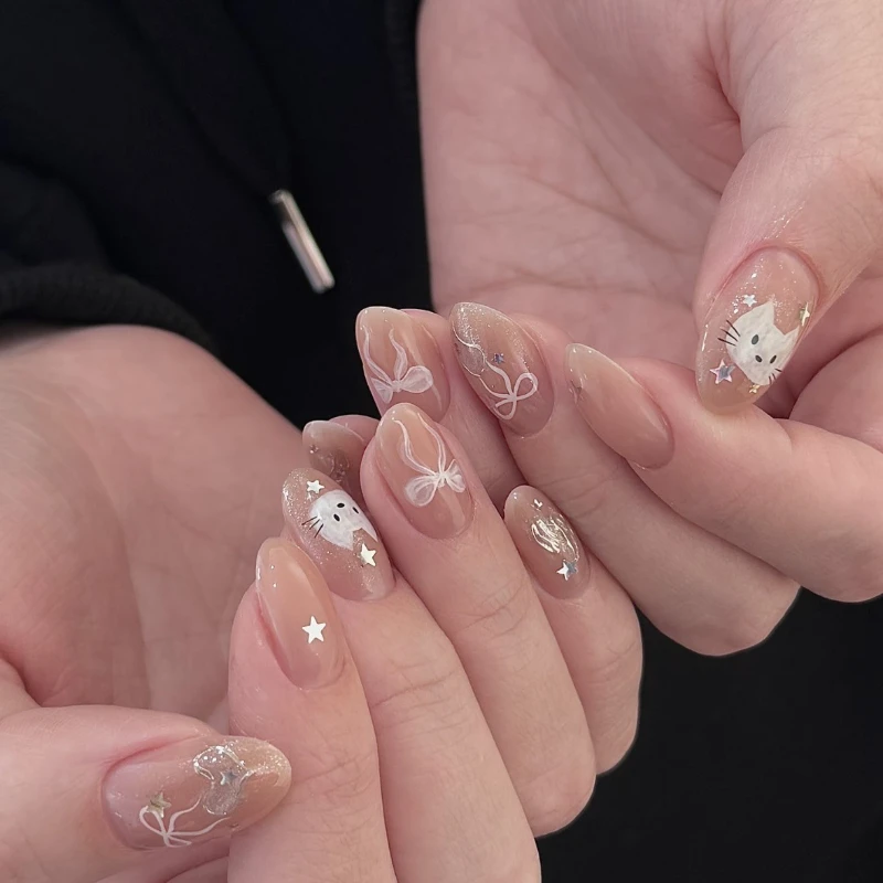 30pcs Press on Nail Tips Featuring Kitten Bow Star  Short Almond Shapes Perfect for Girls Everyday Use or As A Gift for Friends