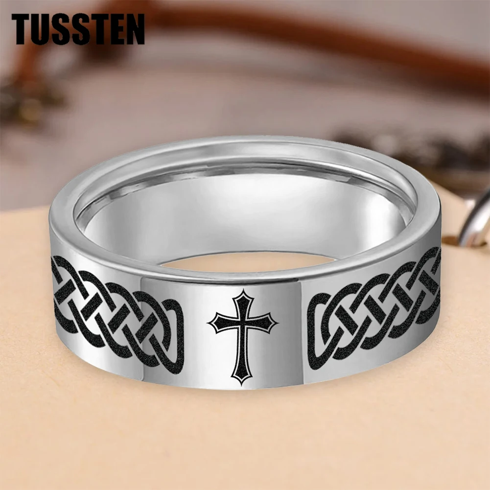 Dropshipping TUSSTEN 6/8MM Beveled Matte Tungsten Ring Laser Engraved With Cross For Comfortable Fit