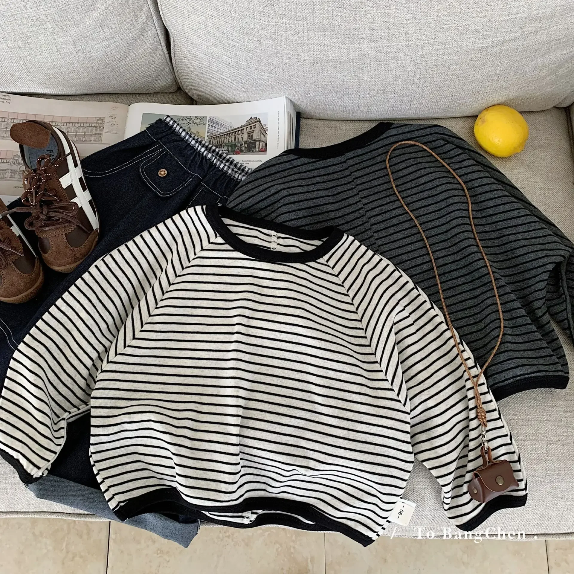 

2025 Ins Autumn Infant Baby Boys Top Loose Striped Toddler Boys T-shirts Round Neck Long Sleeve Casual Soft Kids Baby Boys Tees