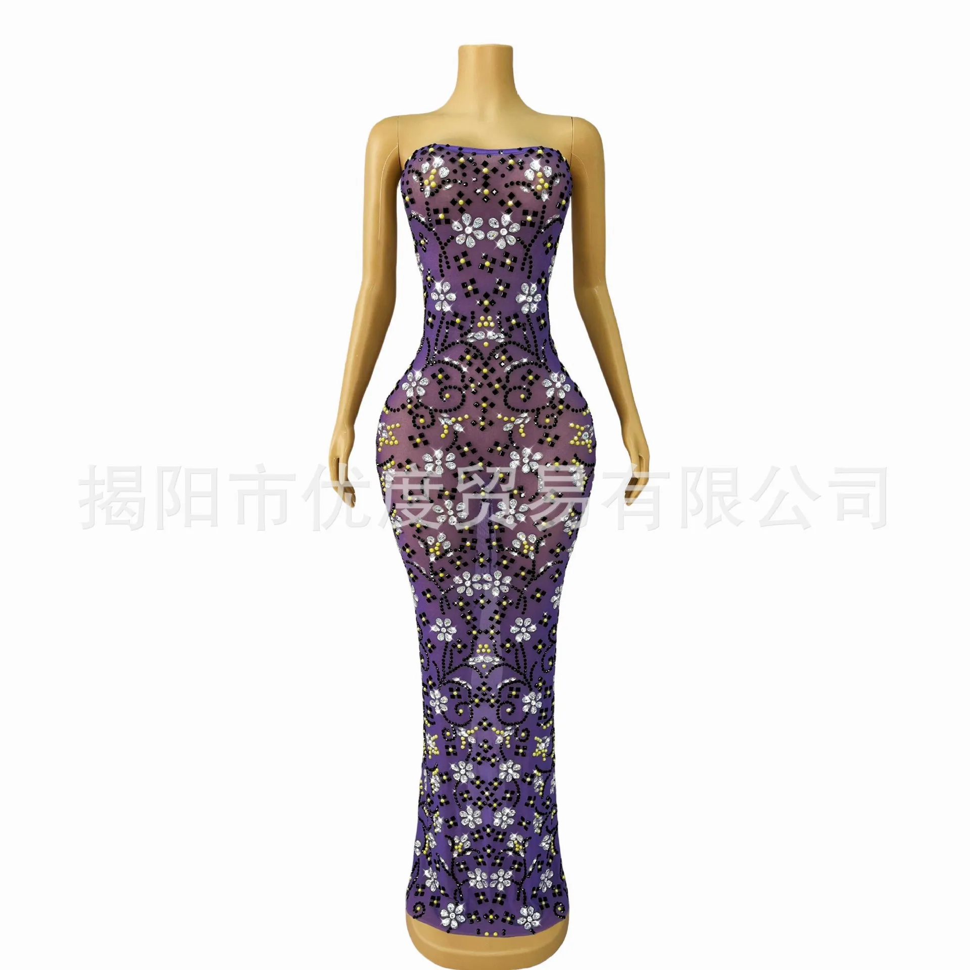 

Сексуальное фиолетовое сетчатое платье со стразами для бара, вечеринки, ночного шоу, длинное платье, черное тюремное платье с цветком, Femmes Élégantes Chic Soiree