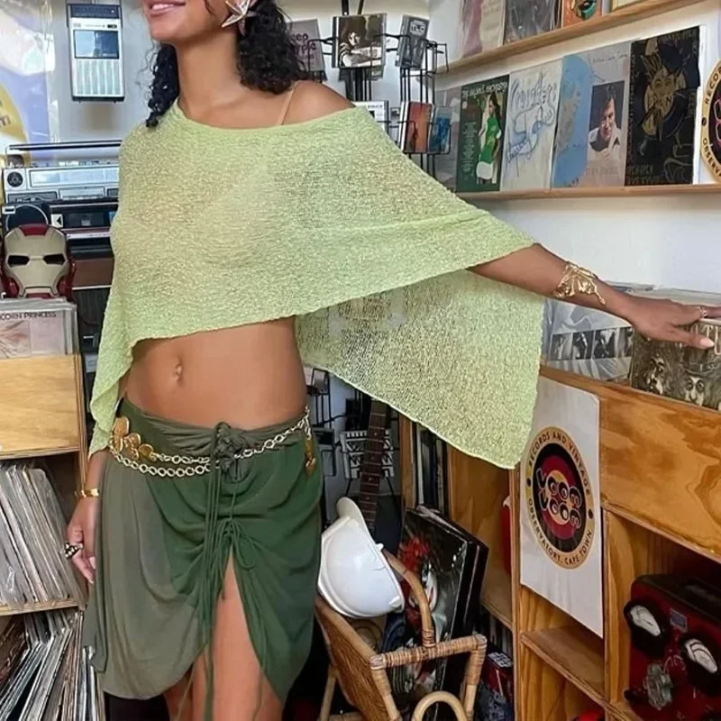 

2025 Summer Design Irregular Cape Shawl Sun Protection Shirt Women Loose Lazy Thin Ice Silk Knitted Sweater Top Transparent