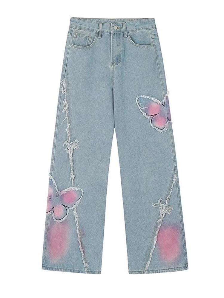 Jmprs Butterfly Embroidery Cute Jeans Women Vintage Design Sweet Denim Pants Korean High Waist Loose Casual Wide Leg Trousers