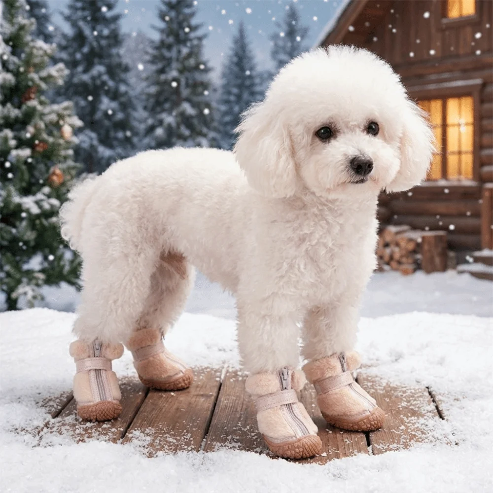 4 PCS/SET Plush Lined Winter Dog Snow Boots Thickened Warm Anti-Slip Dog Shoes Comfortable Soft Bottom Dog Cotton Shoes Outdoors