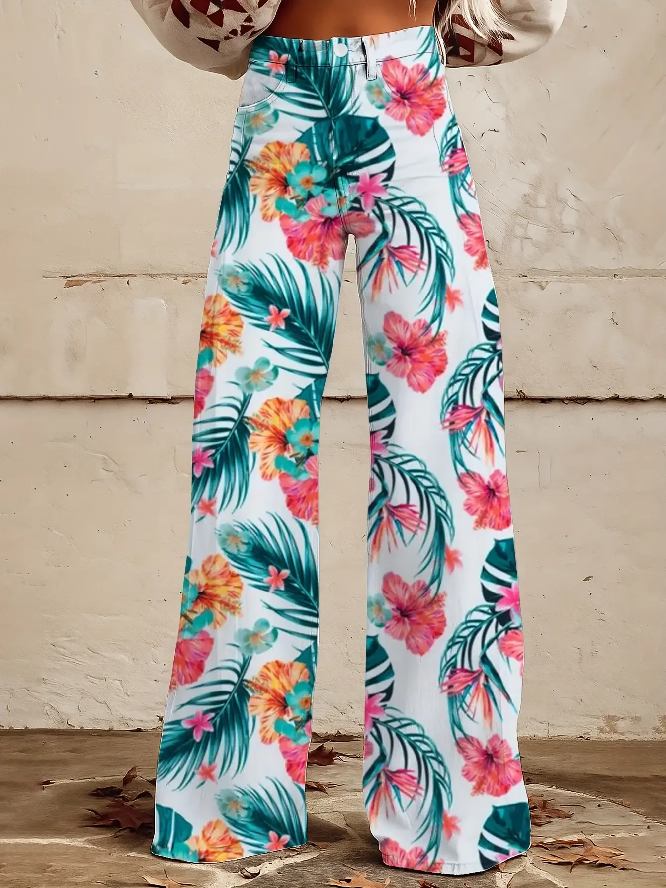 Ladies' casual jeans with colorful western prints , Retro fashion tie dye printed loose flared imitation jeans