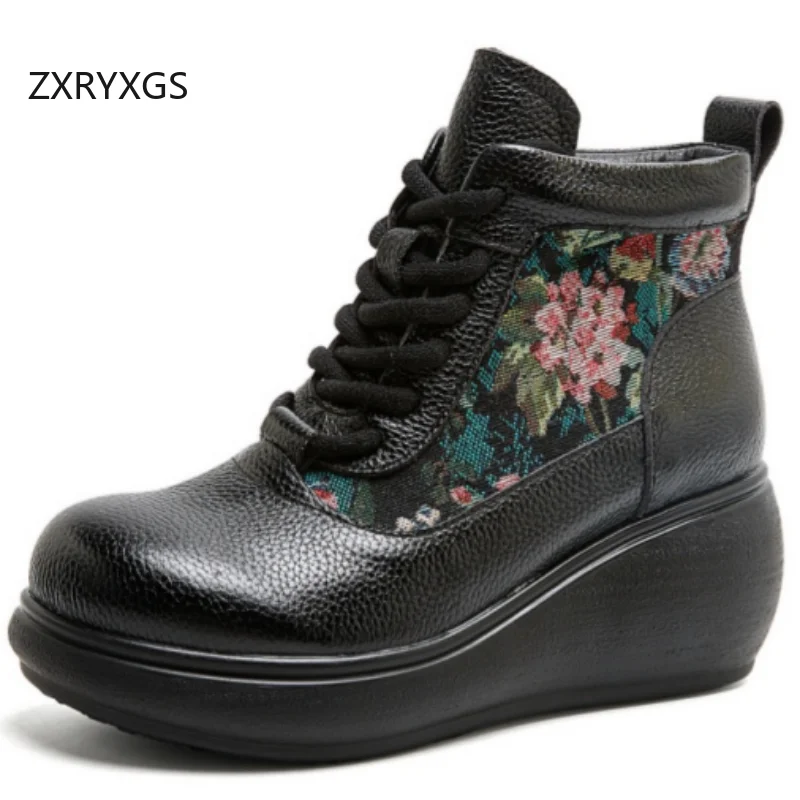 ZXRYXGS Top Cowhide + Jacquard Fabric Women's Fashionable Boots 2026 Autumn Elegant Comfortable Thick Sole Increase Wedges Boots