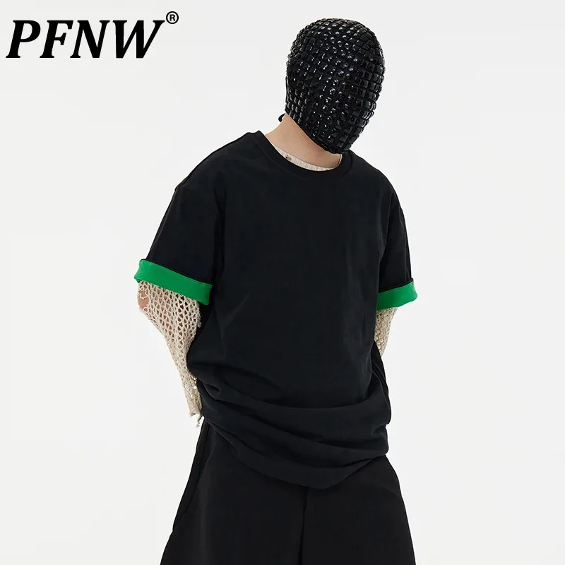 

PFNW New Trend Men's T-shirts Patchwork Contrast Color Round Collar Short Sleeve Pullover Male Tops Loose Menwear Niche 12C766