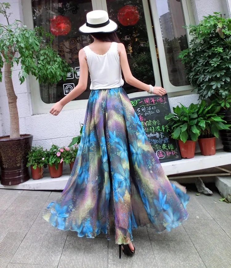 Summer Chiffon Flowers Print Holiday Bohemia Maxi Skirt Vacation Beach Korean Elastic Waist Long Skirts For Woman boho