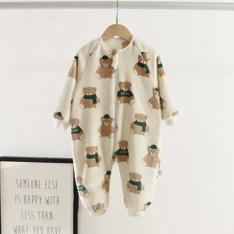 New Boy Fall Winter Thicken Coral Double Fleece Onesie Girl Pajama Baby Crawling Clothe Padded Sleeping Bag Outwear Fit Jumpsuit