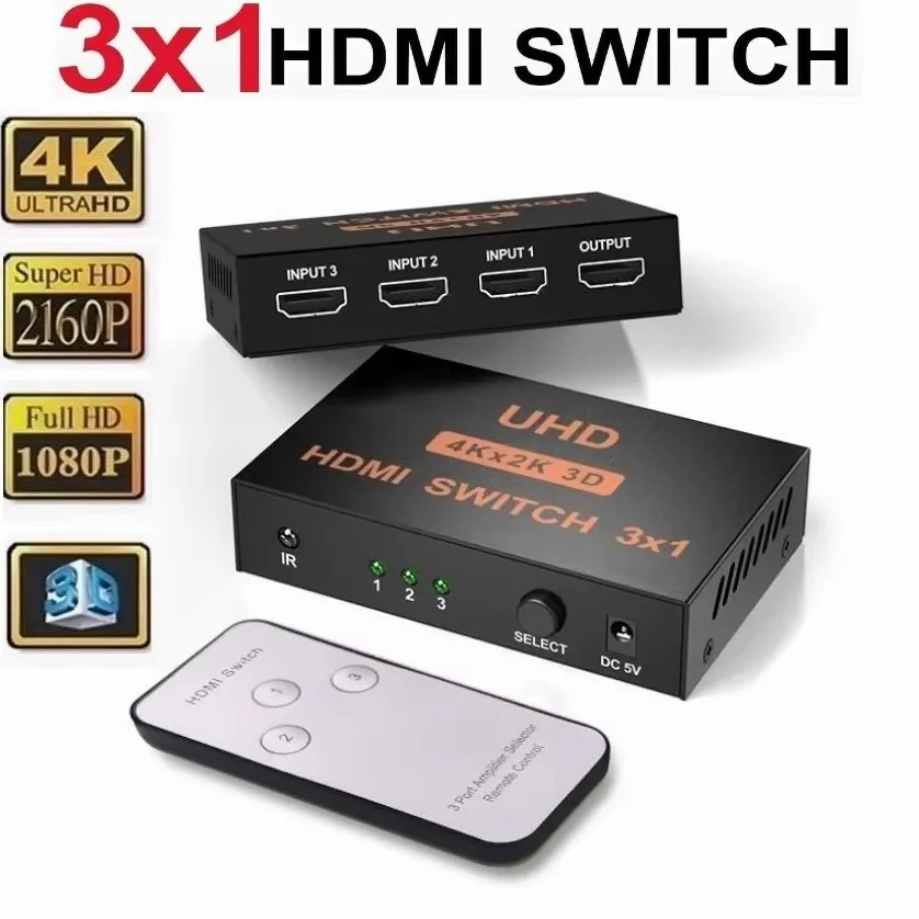 3 in and 1 out switcher Adaptador triplicador 3 entradas hdmi, com controle remoto hd 1080p, para hdtv, xbox360, ps3 e projeto