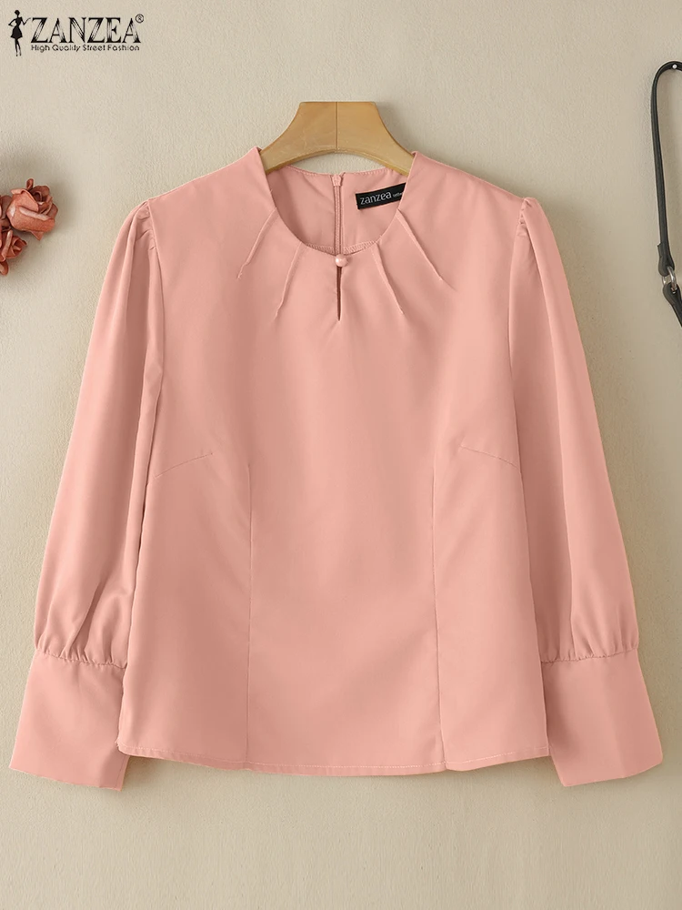 

ZANZEA плиссированные однотонные Blusas Mujer с круглым вырезом, женские повседневные летние блузки с рукавами 3/4, винтажные туники с разрезом по подолу, топы-туники с пышными рукавами