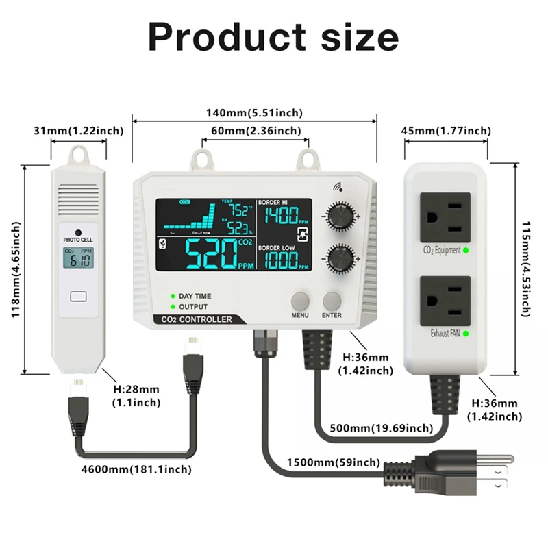 N11R- Carbon Dioxide Controller Dual Channel Split Probe CO2 Monitor CO2 Pressure Reducer Valve For Greenhouse US Plug