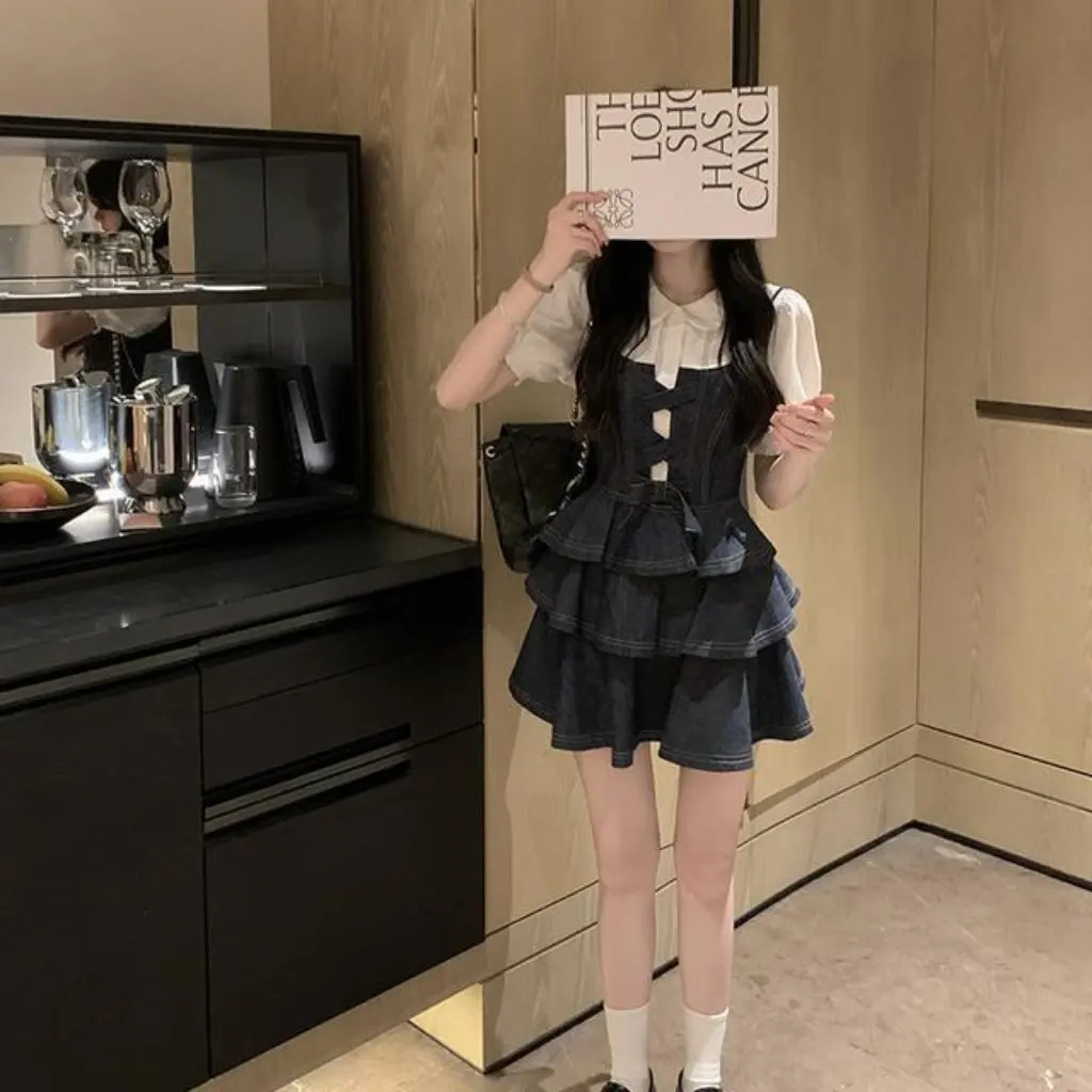 

Костюм-двойка во французском стиле принцессы, милое крутое джинсовое платье на бретельках с кукольным воротником, рубашкой и юбкой-пачкой для женщин