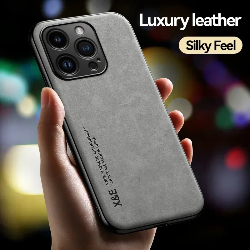 Funda de Cuero de Lujo para iPhone 17 16 16e 15 14 13 12 11 Pro Max Plus 12 13 Mini SE 8 7 con Placa Metálica para Soporte de Auto 4
