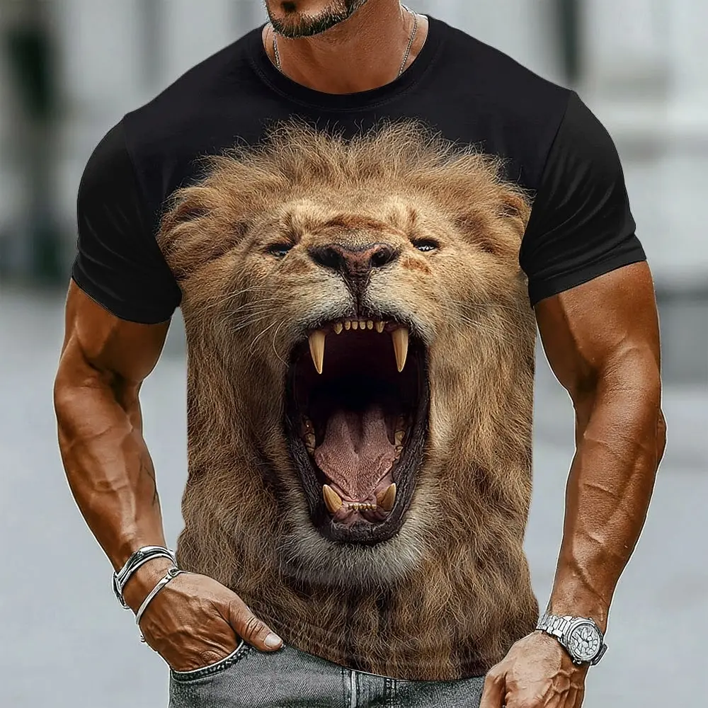 Fuuny 3D Roaring Lion Face Open Mouth Sharp Teeth Print Men's T-Shirt Fashion Short Sleeve t shirts Cartoon Tops Summer Clothing