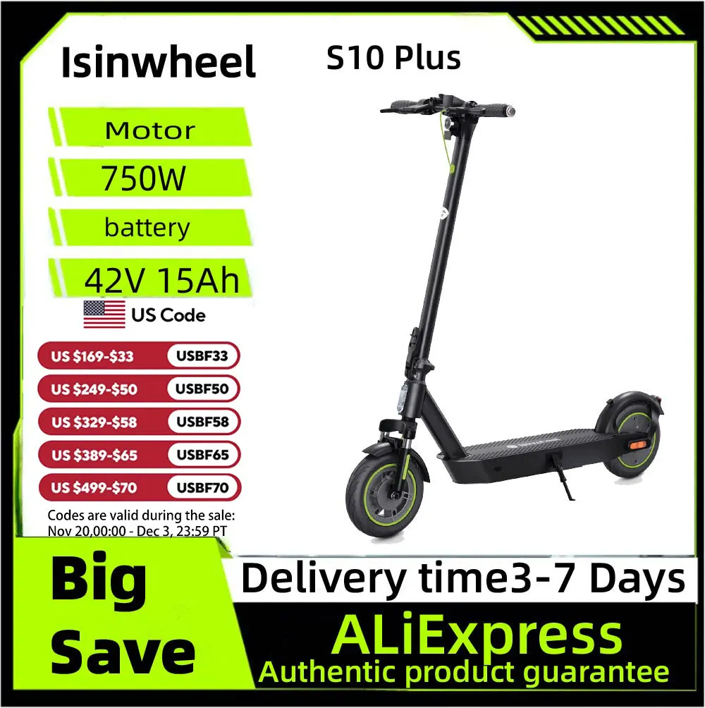 

Isinwheel S10 Plus E-scooter For Adult 42V 15Ah Battery 750W Motor 10 Inch Pneumatic Tires Foldable City Electric scooter