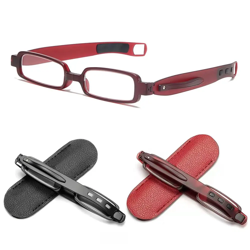 2023 New Folding Anti Blue Light Reading Glasses with Box for Unisex 360°Twist Mini Pocket Pen Clip Readers with Leather Case