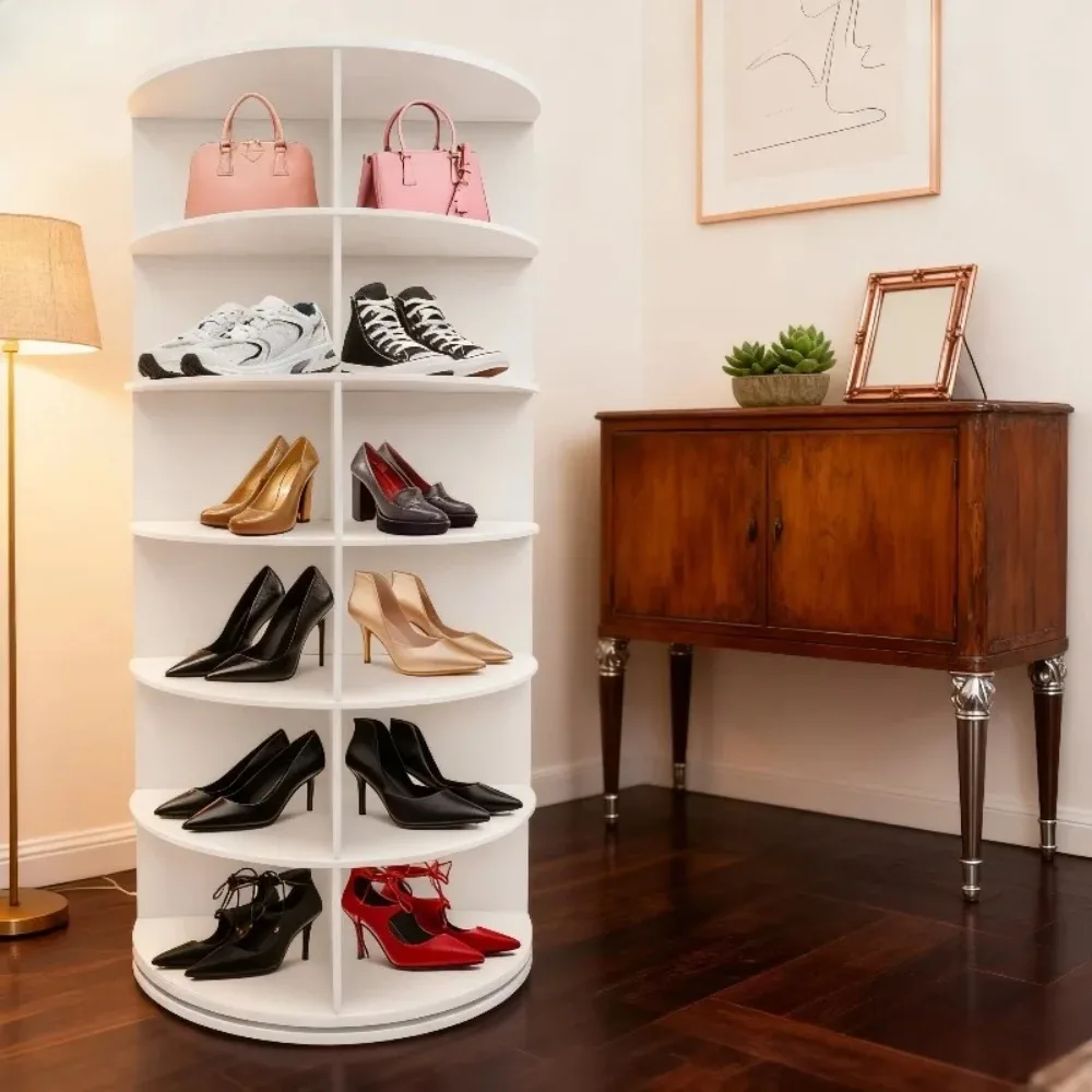 

6-уровневая вращающаяся полка для обуви Tower 360 ° Вращающийся органайзер для хранения обуви на 24–28 пар, отдельно стоящий органайзер для обуви в шкафу