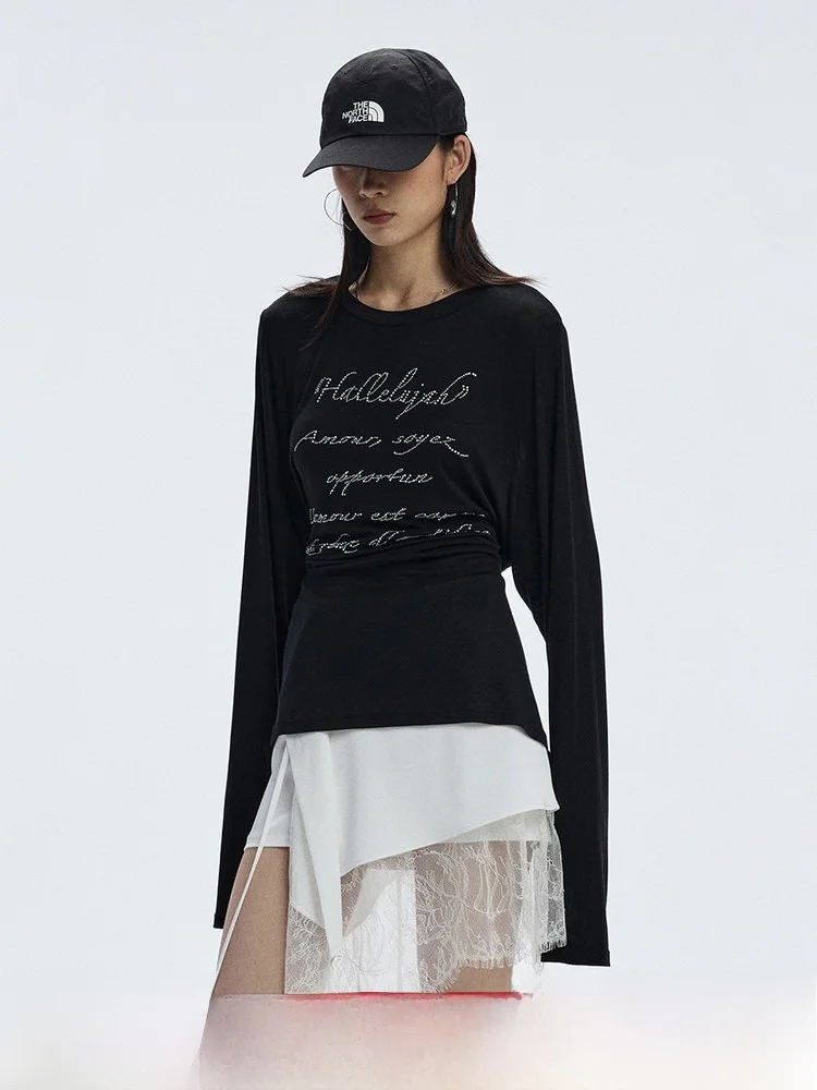 

Ourhour Women's Long Sve T-irt Pearl Rhinestone Waist-Cinching Lenzing Fiber Bla ey Autumn Design Sense Top