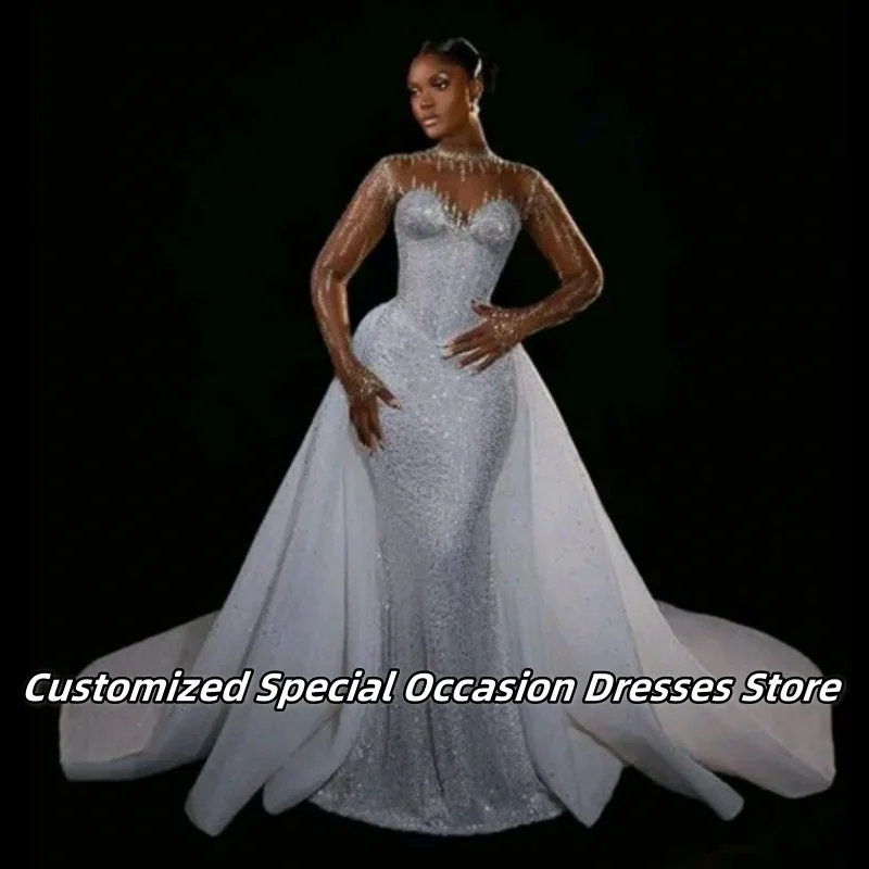 Glitter Mermaid Prom Dress With Transparent Collar Sleeves Nigerian Evening Dresses Luxury Sequin Wedding Party Gowns Customized