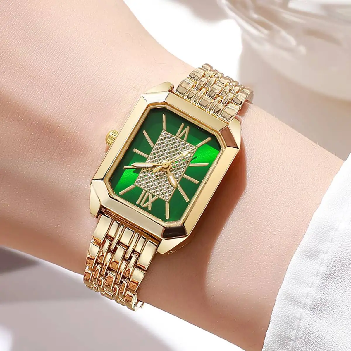 패션 직사각형 여성 쿼츠 시계 숙녀 스테인레스 스틸 스트랩 손목 시계 Reloj Mujer Girls 시계 선물 (상자 없음)