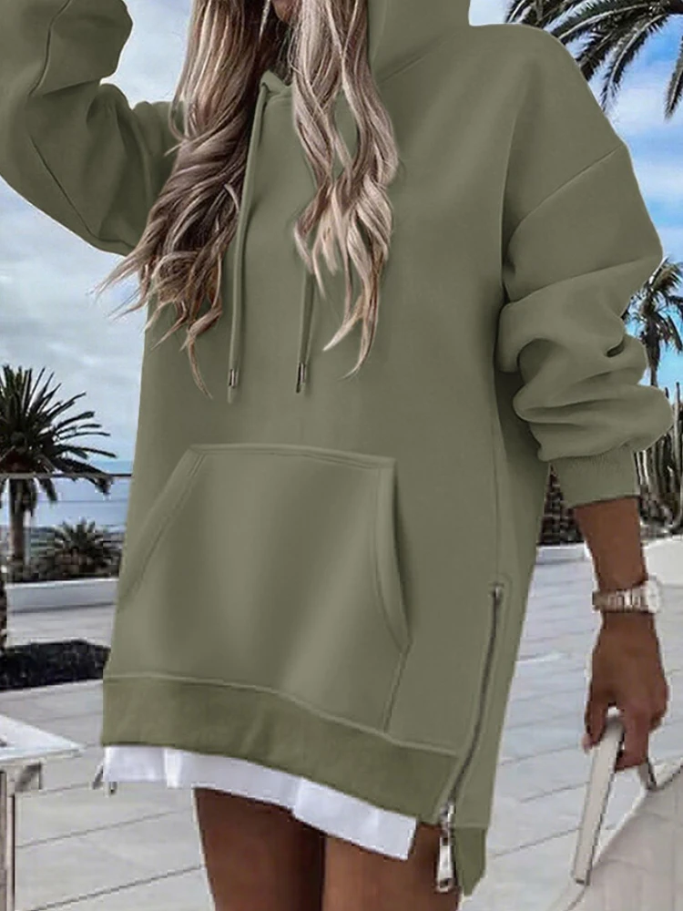 Feminino manga longa retalhos pulôver hoodie outono inverno moda cordão solto zíper simples hoodies 2025 topo streetwear