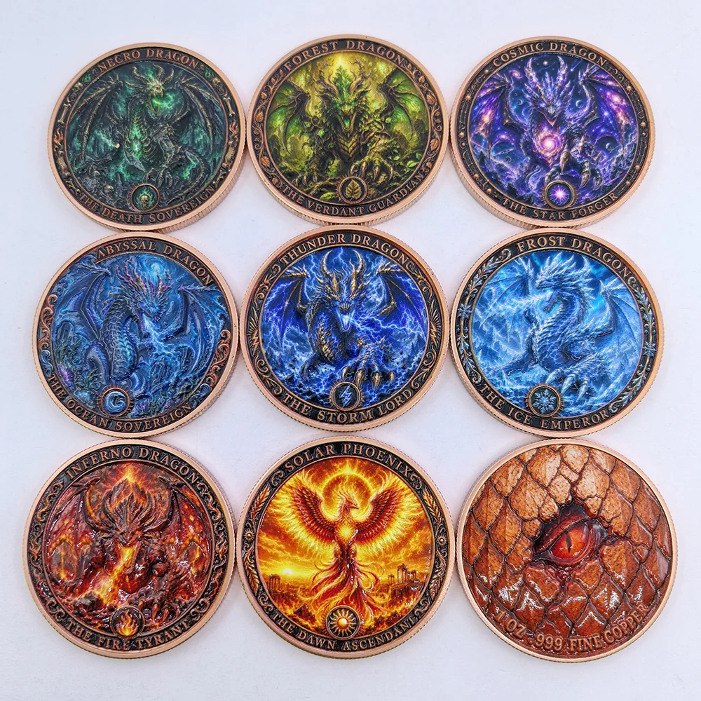 1 OZ .999 Fine Copper Fantasy Dragon Phoenix Commemorative Coin Color Print Ice Thunder Forest Dragon Metal Collectible Gift
