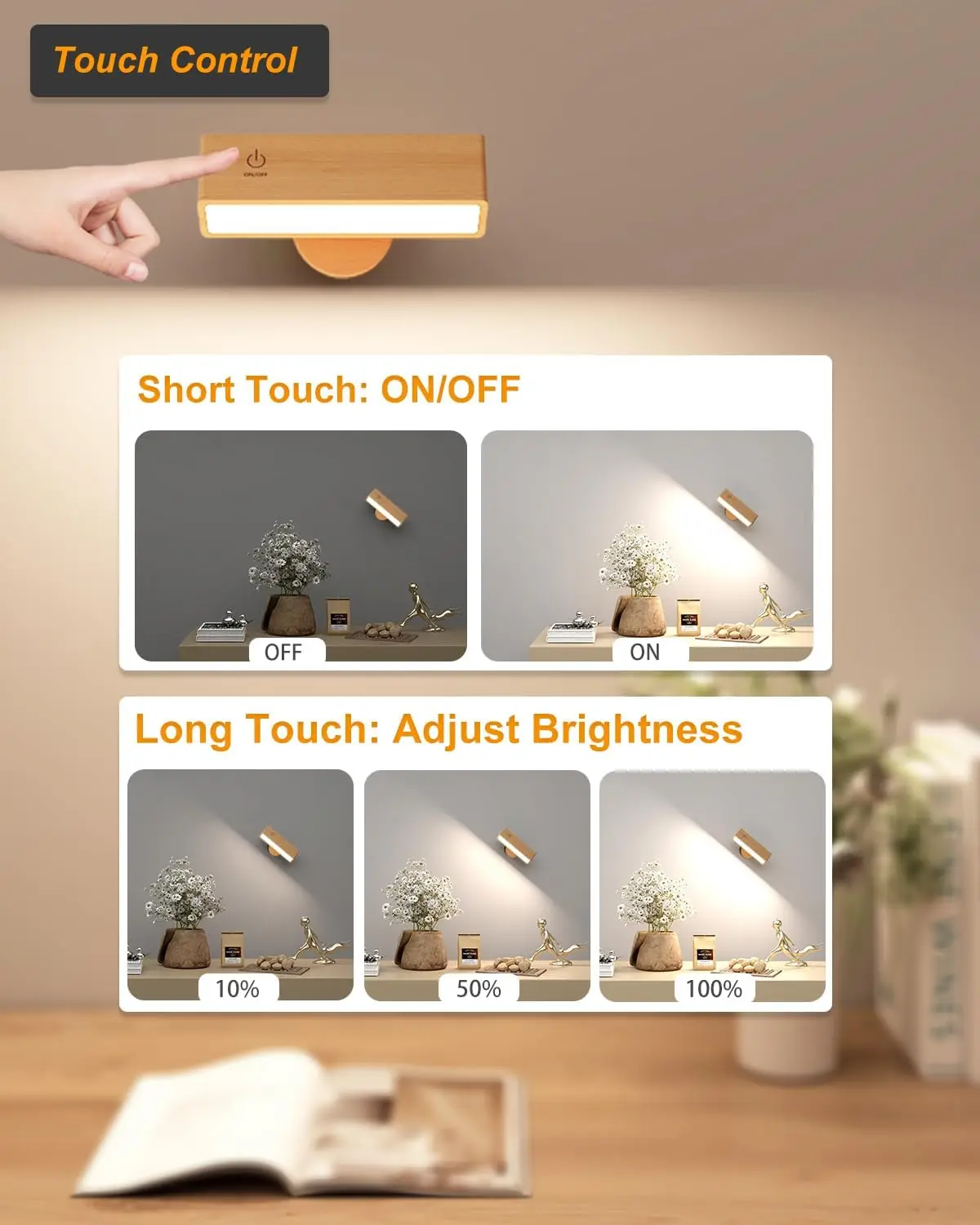 Applique Murale LED Sans Fil - Bois Naturel, Rechargeable USB-C, Luminosité Réglable, Rotation 360°, Installation Facile
