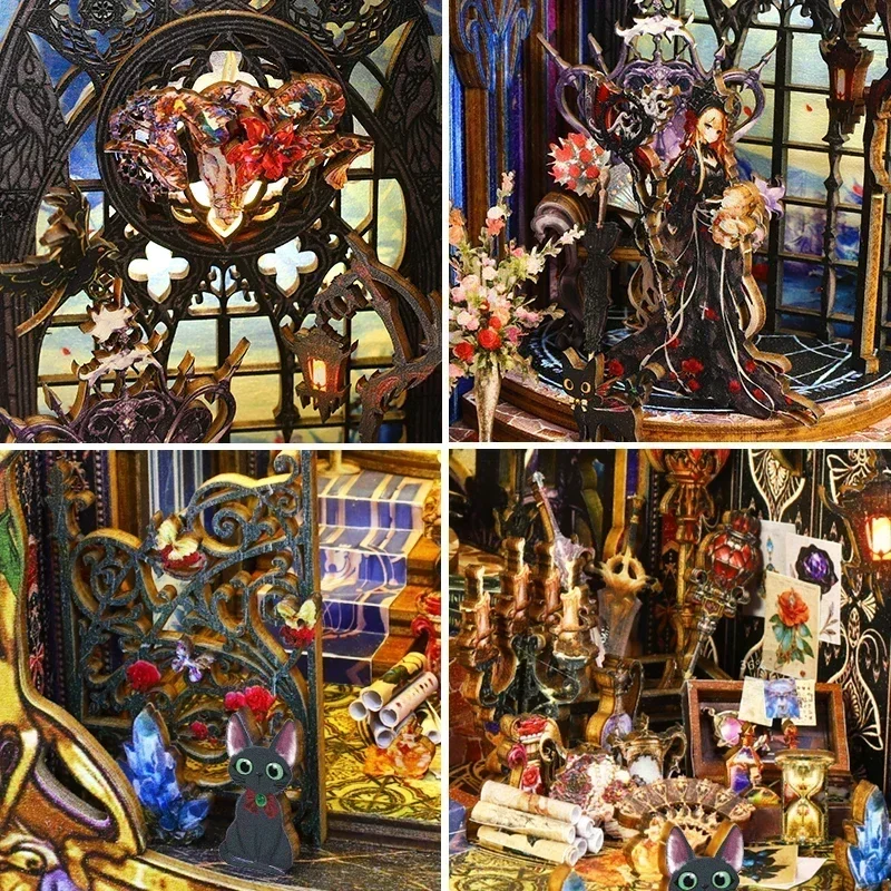 

Rose Castle Miniature Building Kits DIY Wooden Book Nook Shelf Insert Bookshelf Assembled Bookends