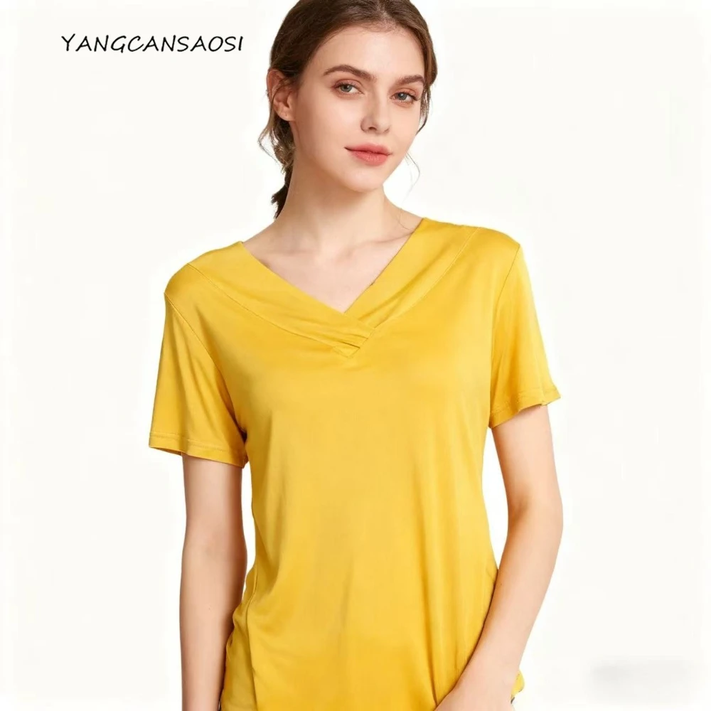 

Women's Summer Clothing 23% Natural Mulberry Silk knitted Short Sleeved Solid Fold Collar Versatile Straight Bottoming T-Shirt