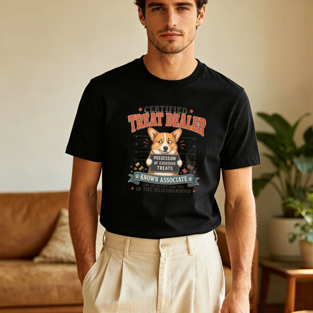 Funny Corgi Owner Shirt Certified Treat Dealer Humorous Graphic Tee Casual Cotton Short Sleeve Pet Owner Summer Shirt