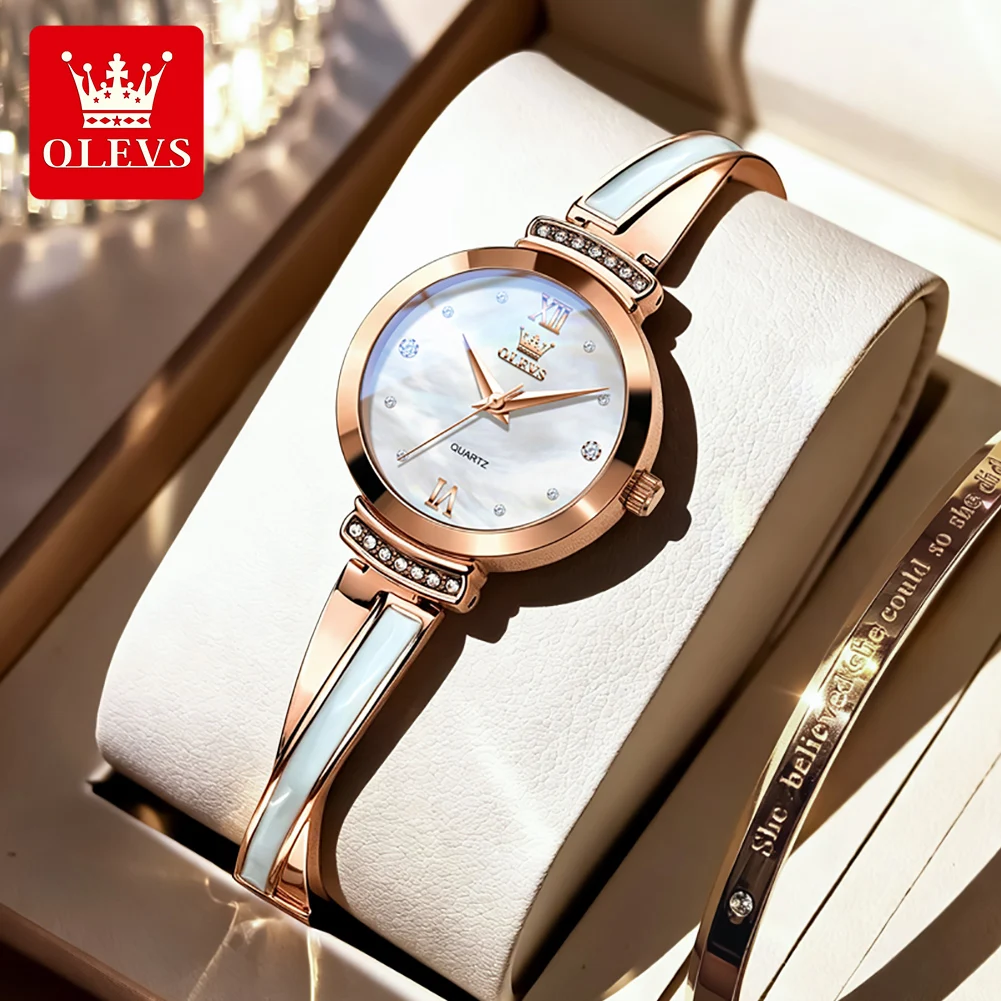 OLEVS 7140 Women Quartz Wristwatch Bracelet Watch Pearl Dial Diamond Inlay Waterproof Ladies Dress Elegant Watch Jewelry Gifts