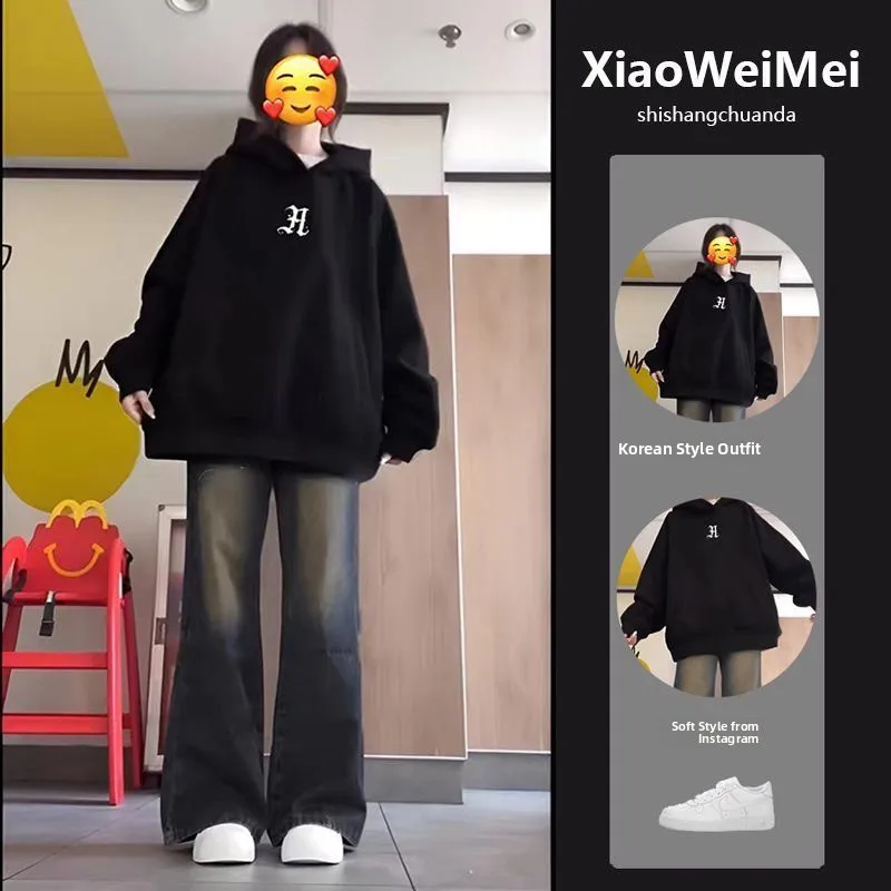 

Girls' Fce Lined Hoodie And Jeans Set Casual Autumn Winter Outfit High School Student Lazy Sle Teenage Faion Ensemble