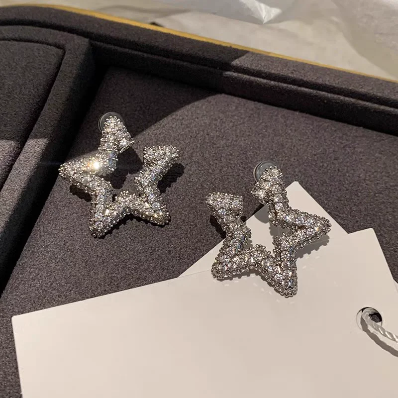 Brass Rhinestoned Star Stud Earrings Women Jewelry Punk Party T Show Gown Runway Trendy  Korean Japan INS
