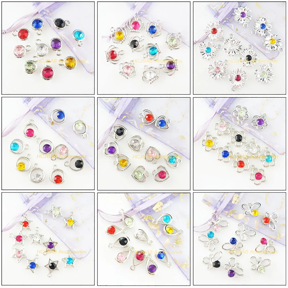30Pcs New Flower Heart Round Crown Teardrop Animal Butterfly Acrylic Plastic Dull Silver Plated Pendants For Gifts Jewelry