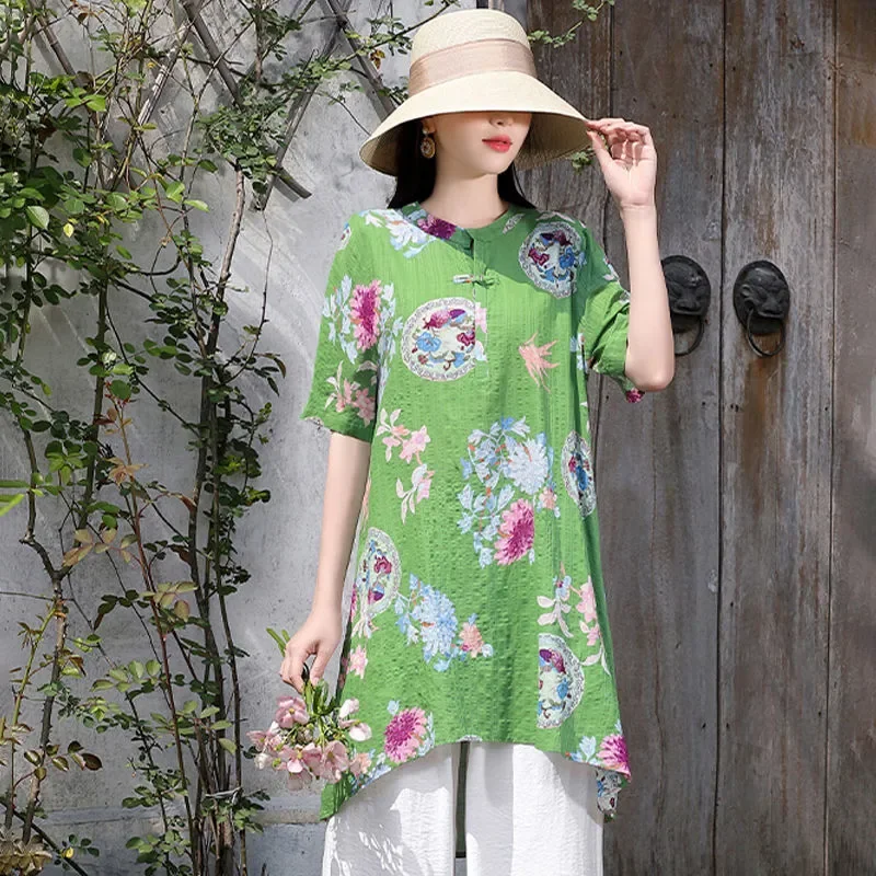 Women Ethnic Floral Print Frog Button Short Sleeve Top Wide Leg Capri Pants Two Piece Set view 3