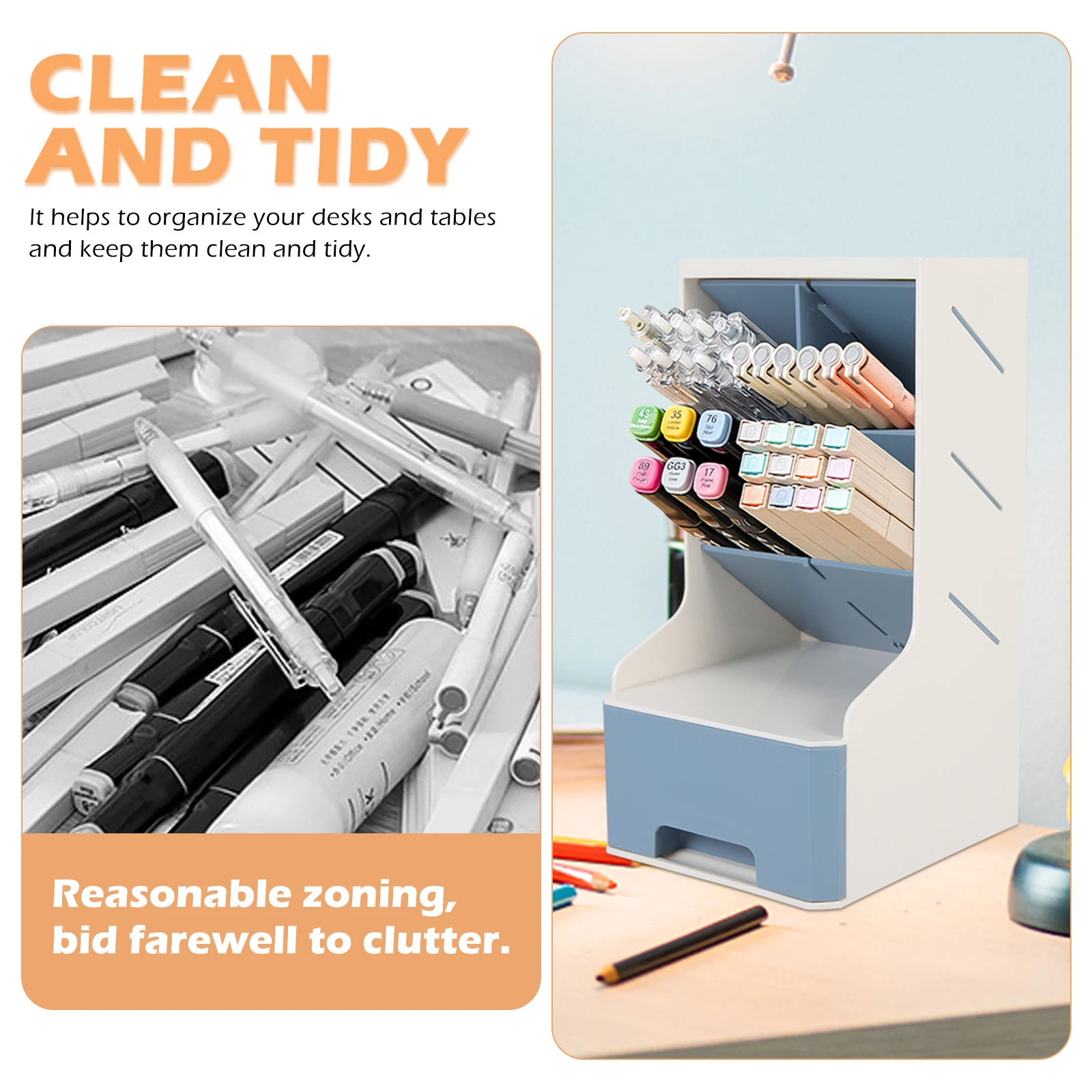 

Inclined Pen Holder Stationery Organizer with Drawer Multi-Layer Desktop Storage Box for Pens Makeup Brushes Office Supplies