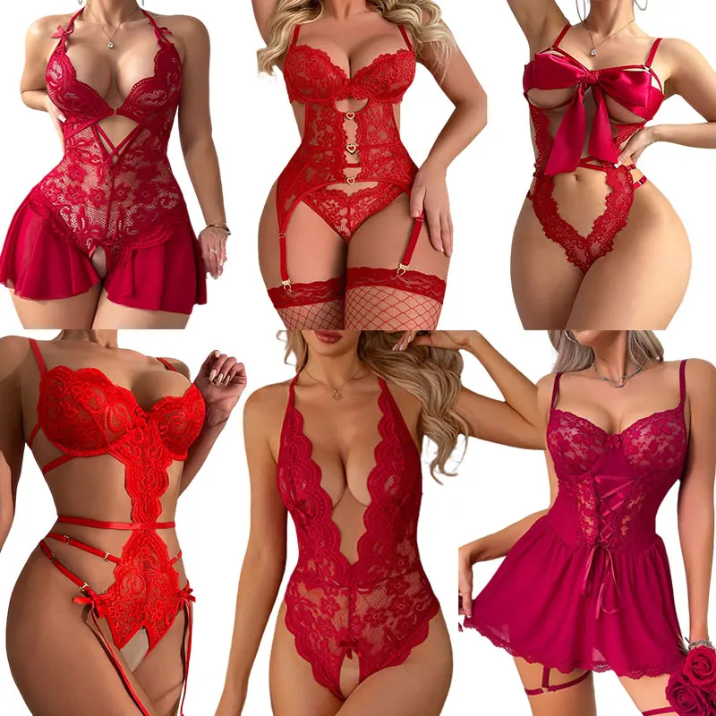 Hot Sale Adult Costume Women Lingerie Crotchless Erotic Costume Lace Sex Bra Thong Red Body Suit Desire Night Sexy Underwear Set