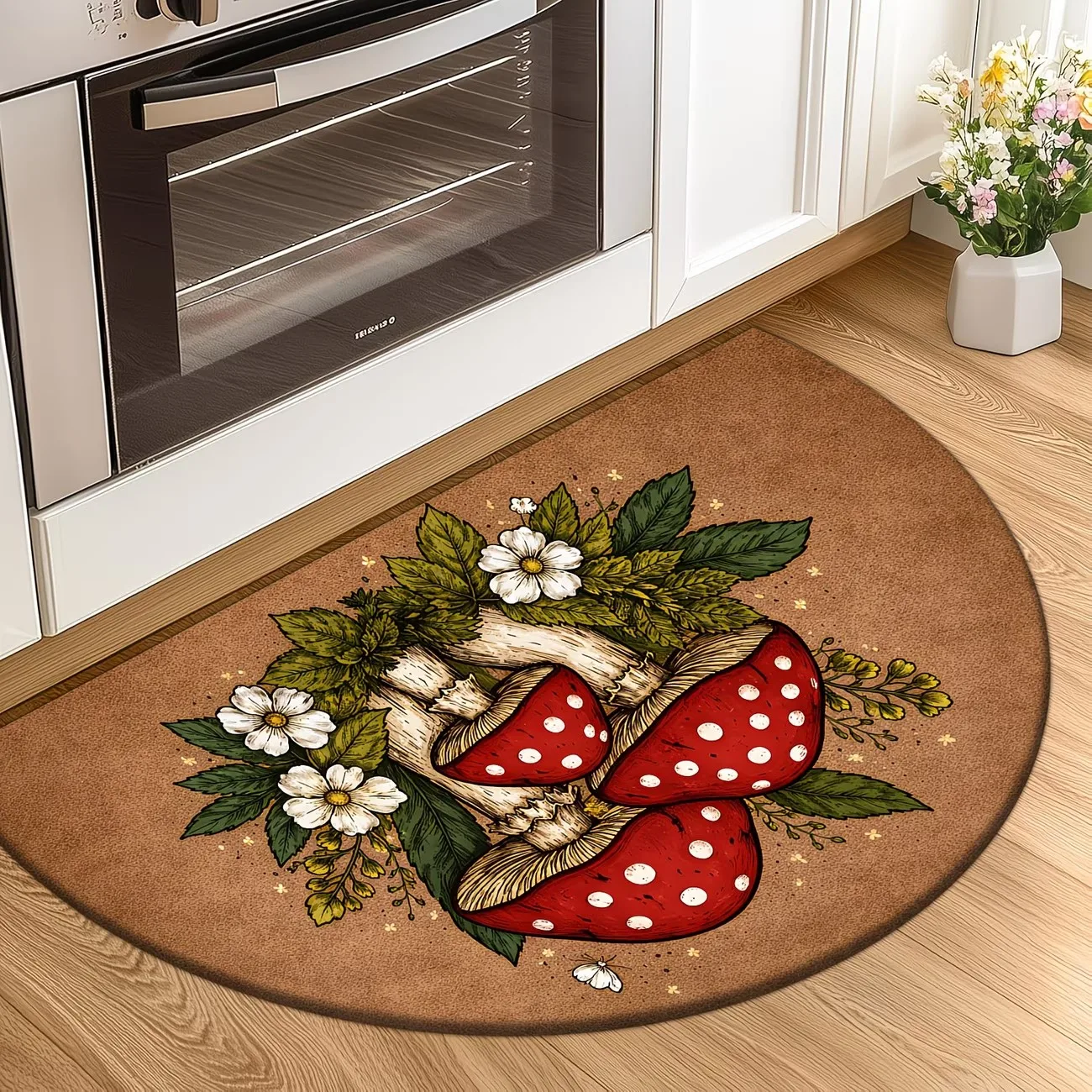 Cute Red Mushroom Semicircular Welcome Mat Aesthetic Half Moon Entrance Rug Non-Slip Washable Floor Carpet for Kitchen Bathroom