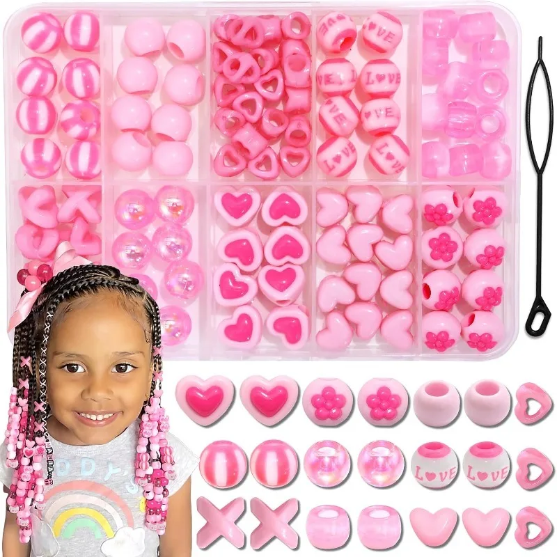 100PCS Multishape Hair Beads Kit for Braids, Acrylic Pony Beads with Heart & Flower & X & Love Letters for Kids Box Braids, Deco