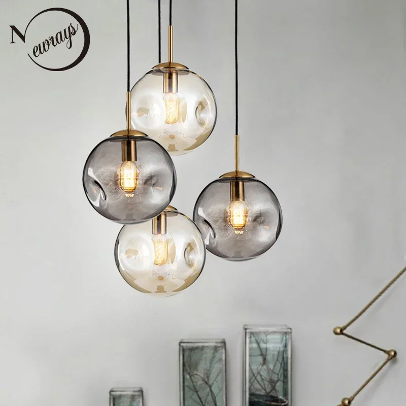 

Modern loft glass ball pendant light LED E27 Nordic hanging lamp with 2 colors for living room restaurant bedroom lobby kitchen