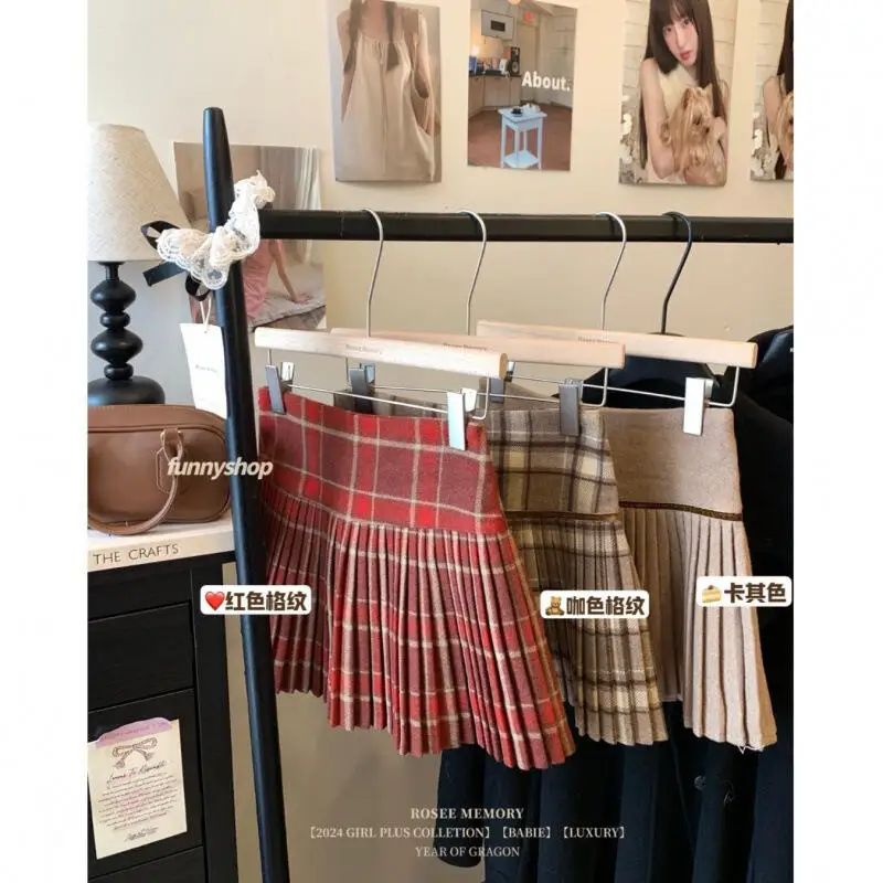 

Плиссированная юбка для девочек в консервативном стиле, юбка из шерстяной ткани с высокой талией, новая милая универсальная юбка, осенне-зимняя студенческая юбка трапециевидной формы в сетку