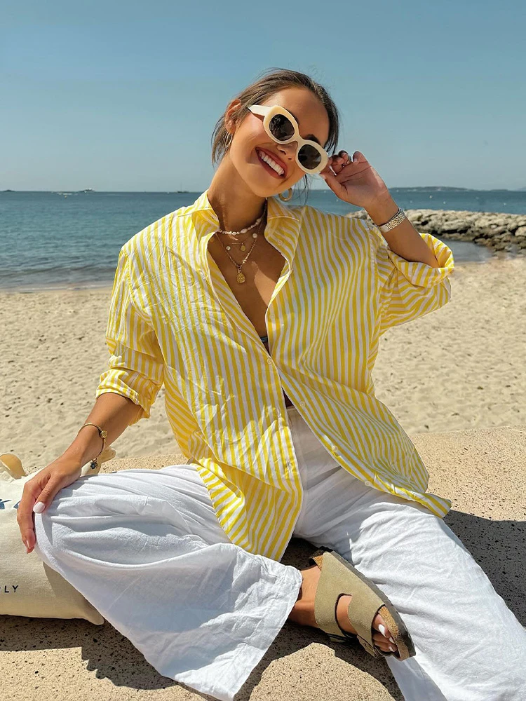 Elegant Women Yellow Striped Casual Loose Shirt Top Woman Lapel With Sleeves Buttons Long Blouses Summer Beach Style