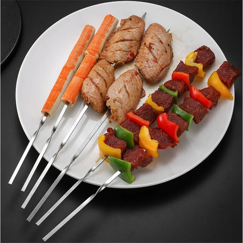 Stainless Steel Barbecue Skewer Storage Tube Reusable Grill Sticks Flat BBQ Fork BBQ Utensil Kitchen Outdoor Camping Accessories