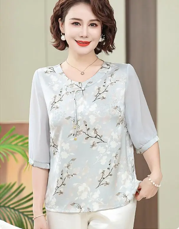 summer mother gift coat shirt women frog shirt summer loose fit shirt  printing Chinese style  Middle sleeve  shirt top