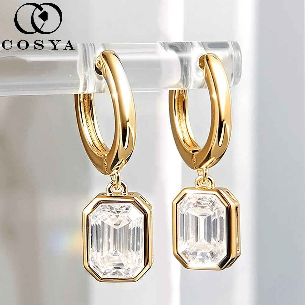 COSYA 2/4cttw Emerald Cut Moissanite Hoop Earrings S925 Silver Plated 18K Gold Bezel Minimalist Party Fine Jewelry for Women