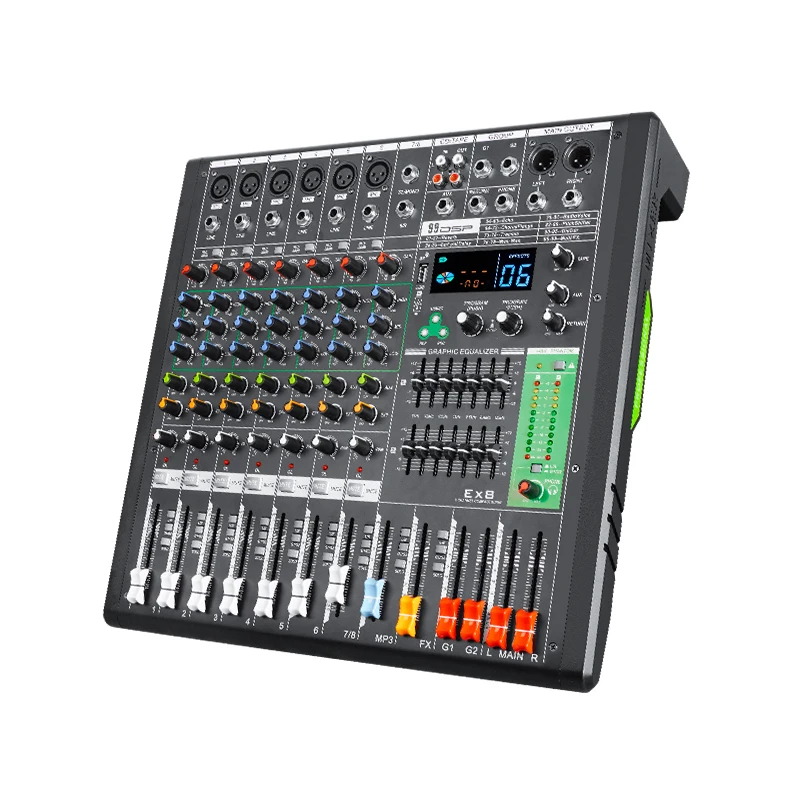 

Самый продаваемый профессиональный 8-канальный аудиомикшер с фантомным питанием 48 В и USB-звуковой картой для сценических выступлений